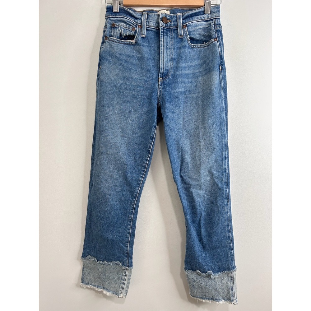 Straight Leg Women's Jeans in Medium Blue with Raw Hem